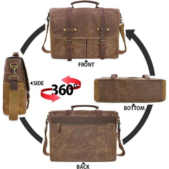 Mens Messenger Bag 15.6 Inch Waterproof Vintage Genuine Leather Waxed Canvas - Picture 6 of 7